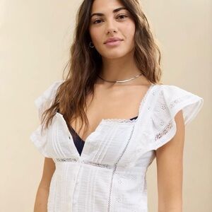Aerie White Eyelet Button Front Ruffle Sleeve Top